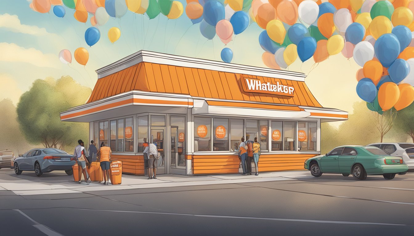 A crowded Whataburger restaurant with a "Free" sign and balloons outside