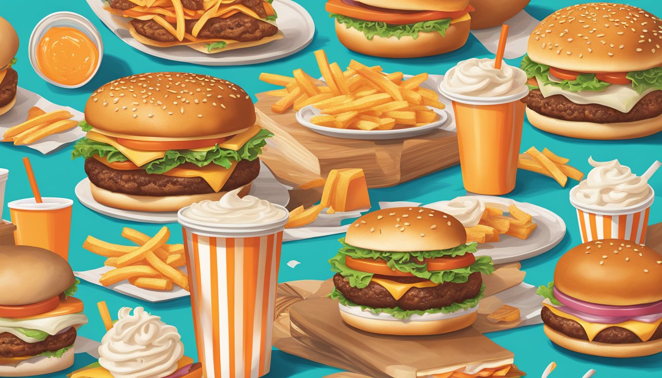 A colorful array of Whataburger's fan-favorite menu items, including burgers, fries, and shakes, displayed on a vibrant, inviting background