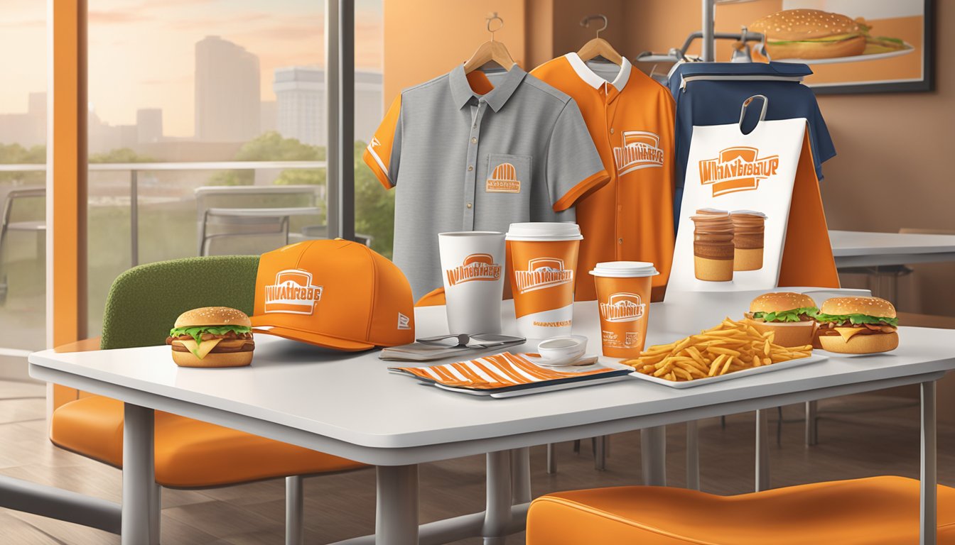 A table with Whataburger merchandise and apparel displayed for free