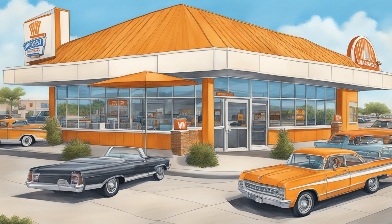 The original Whataburger restaurant in Corpus Christi, Texas, surrounded by a bustling city and a drive-thru line of hungry customers