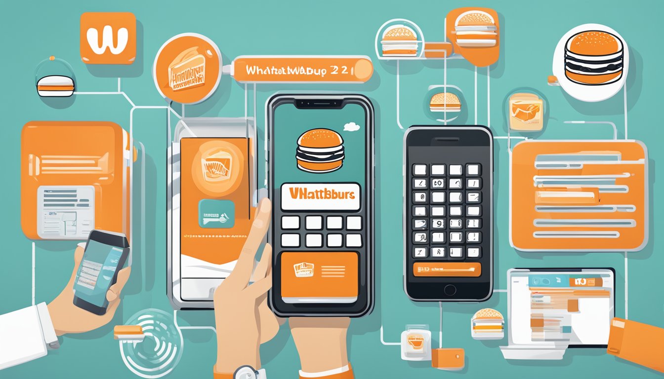 A smartphone displaying the WhatABurger logo and a virtual keypad with the phone number, surrounded by social media icons and notifications