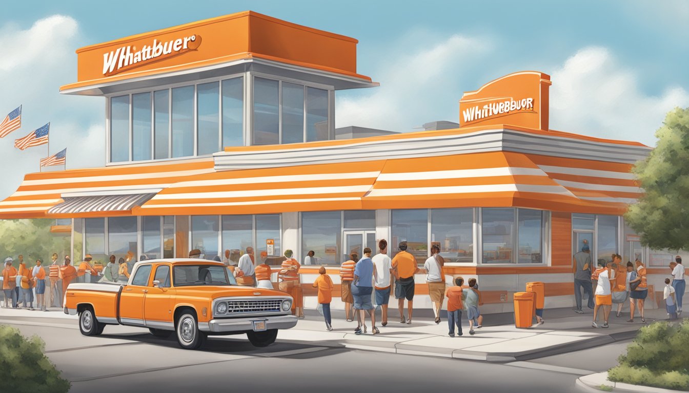 A bustling Whataburger restaurant with a line of customers out the door, while the iconic orange and white striped building stands prominently in the background