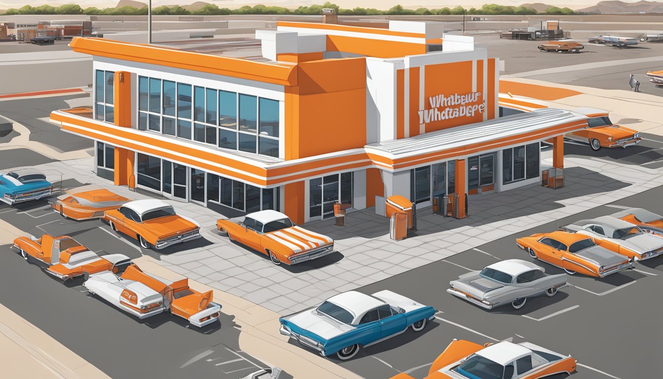 A bustling Whataburger restaurant in El Paso, Texas, with the iconic orange and white striped building and a drive-thru line of cars