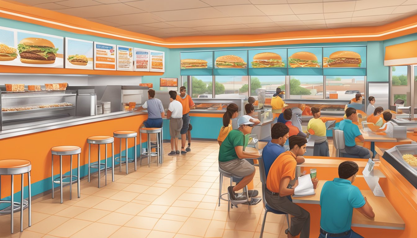 A bustling Whataburger in El Paso, Texas, with a colorful menu board and customers ordering at the counter