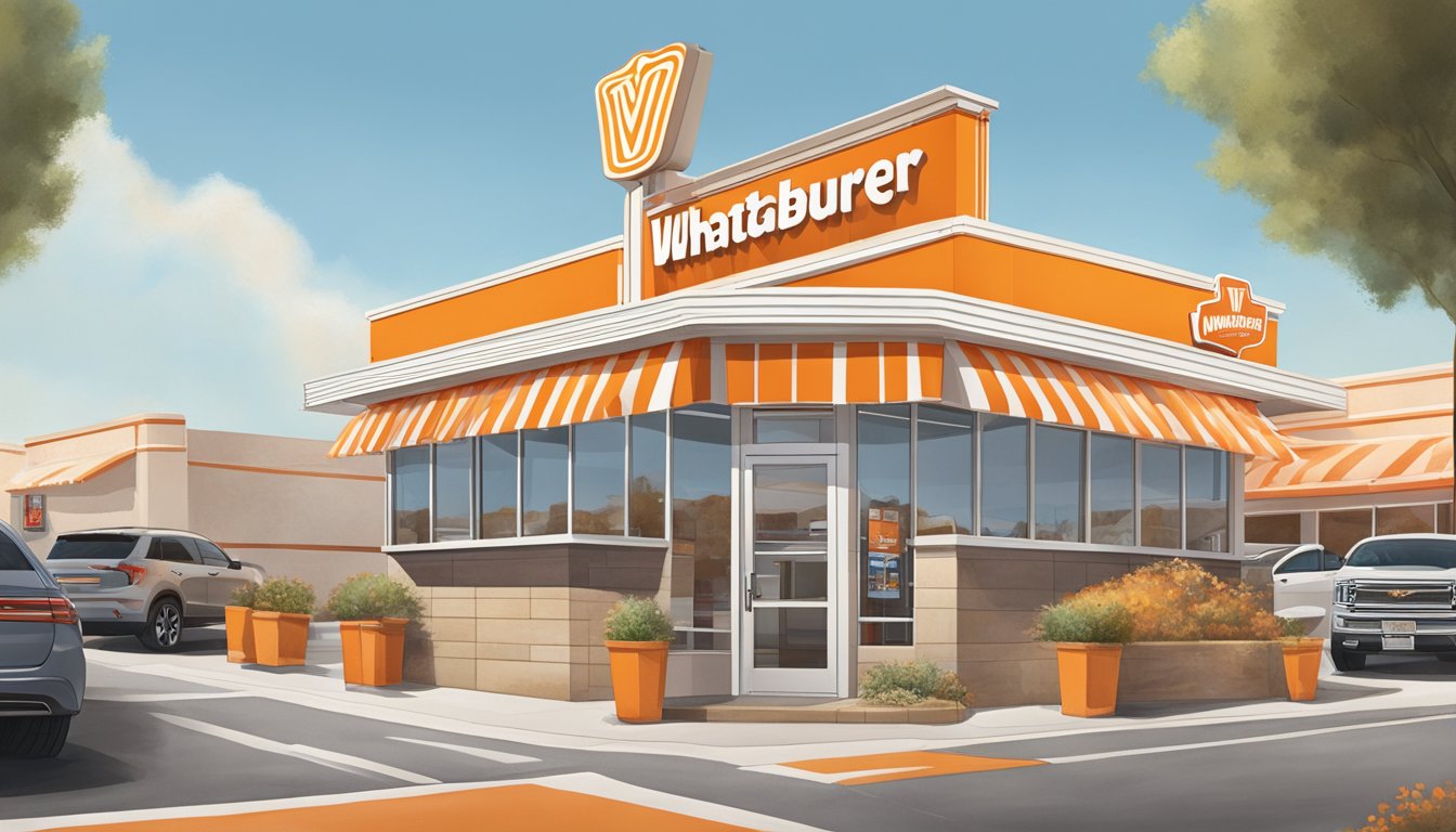 A bustling Whataburger in El Paso, Texas, with a distinct orange and white striped exterior, a drive-thru window, and a towering sign