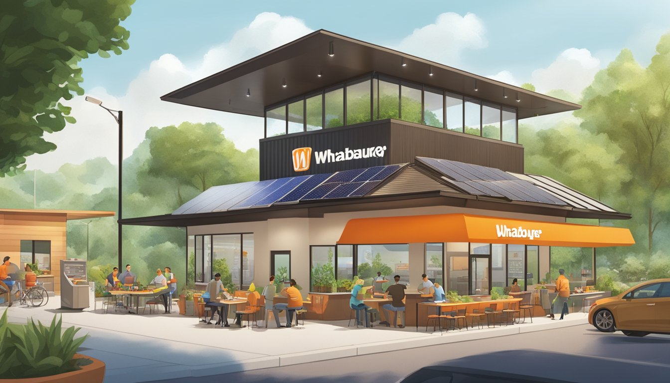 A Whataburger restaurant surrounded by greenery, with solar panels on the roof, recycling bins, and a diverse group of customers enjoying their meals