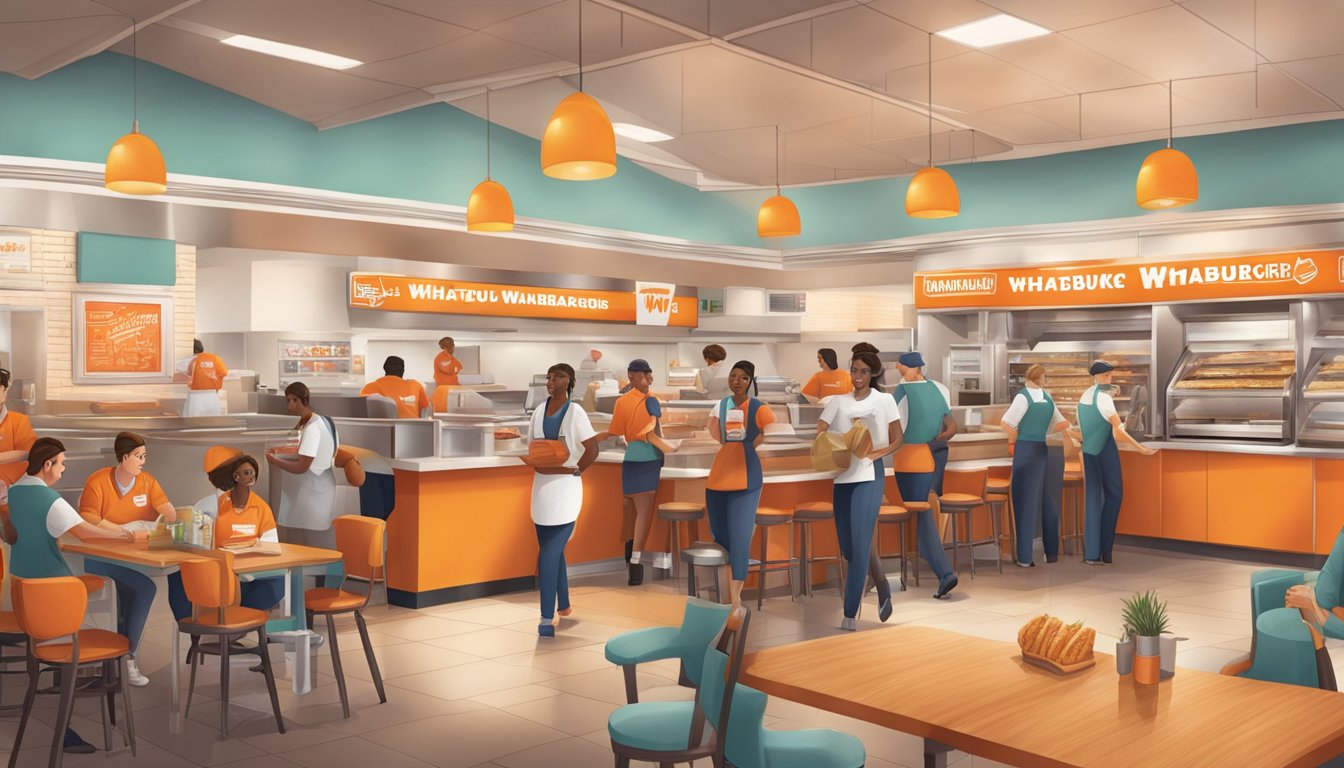 A bustling Whataburger restaurant with a welcoming atmosphere and employees busy serving customers