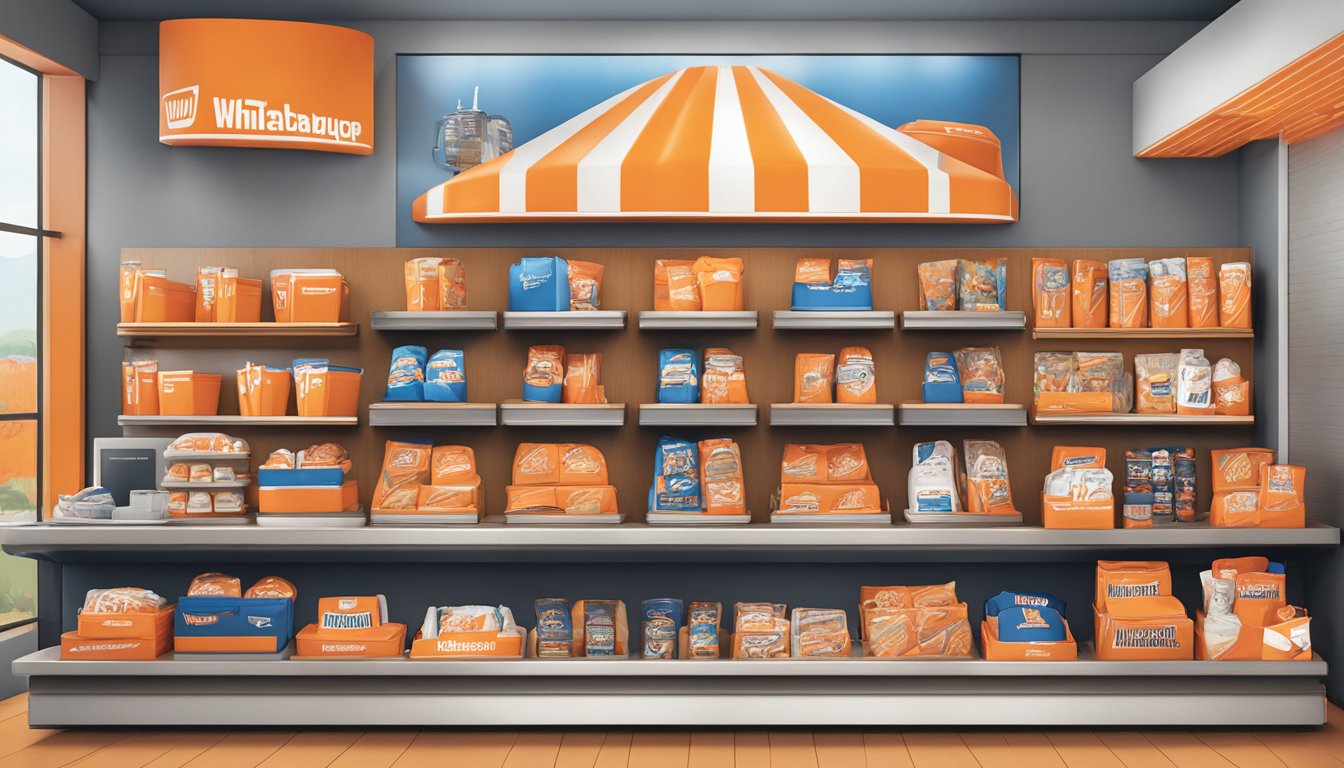 A Whataburger merchandise display featuring phone cases, t-shirts, and hats