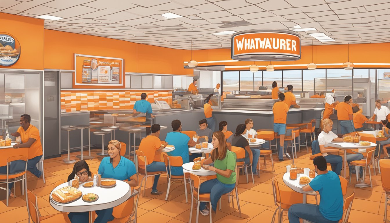 A bustling Whataburger restaurant in El Paso, Texas, with customers enjoying their meals and the iconic orange and white branding prominently displayed