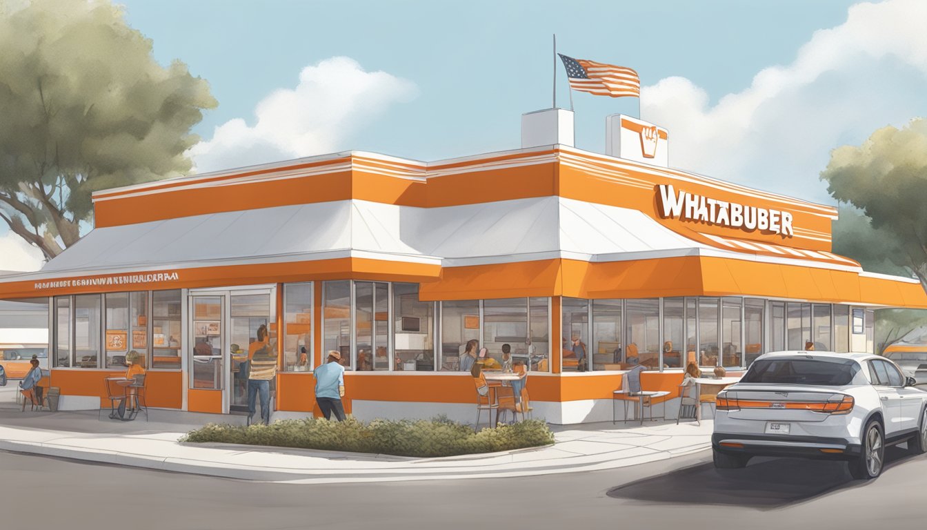 A bustling Whataburger restaurant in Austin, Texas, with a distinct orange and white striped exterior, a drive-thru, and a crowded dining area