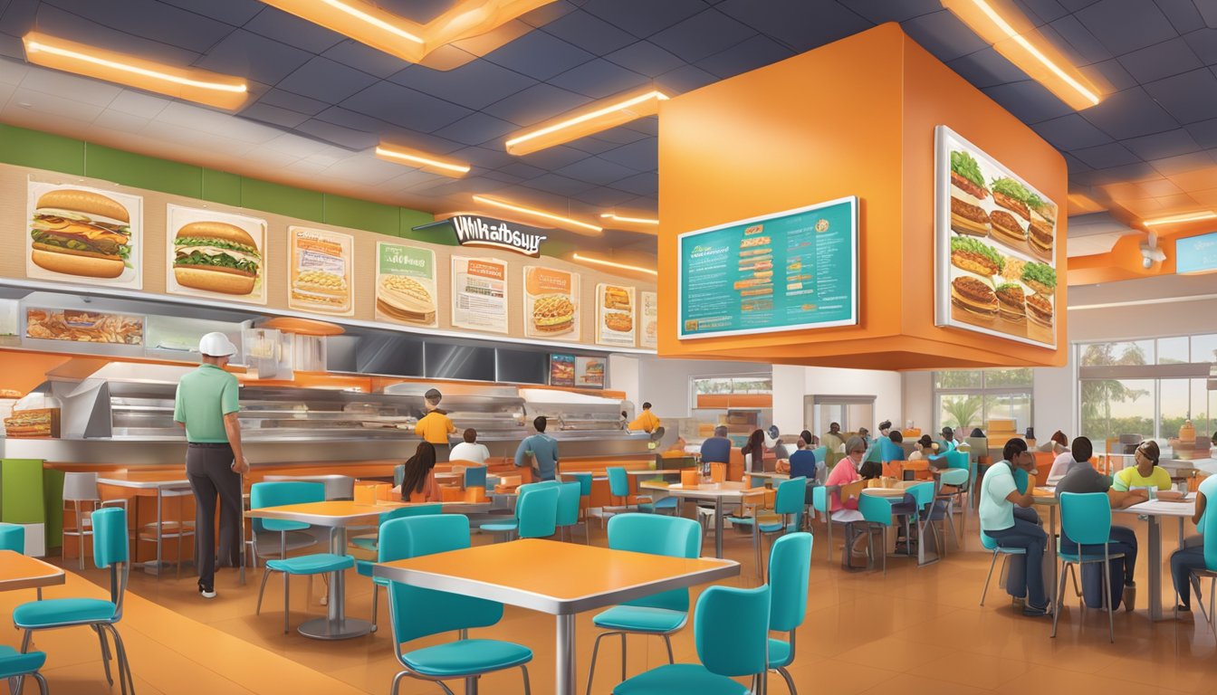 A crowded Whataburger restaurant with a colorful menu board displaying unique and diverse food offerings. Tables and chairs fill the space