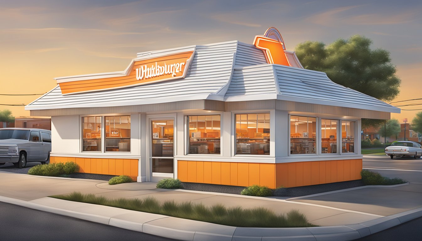 A Whataburger restaurant in Charlotte bustling with customers and staff, featuring the iconic orange and white striped A-frame building and the classic Whataburger sign