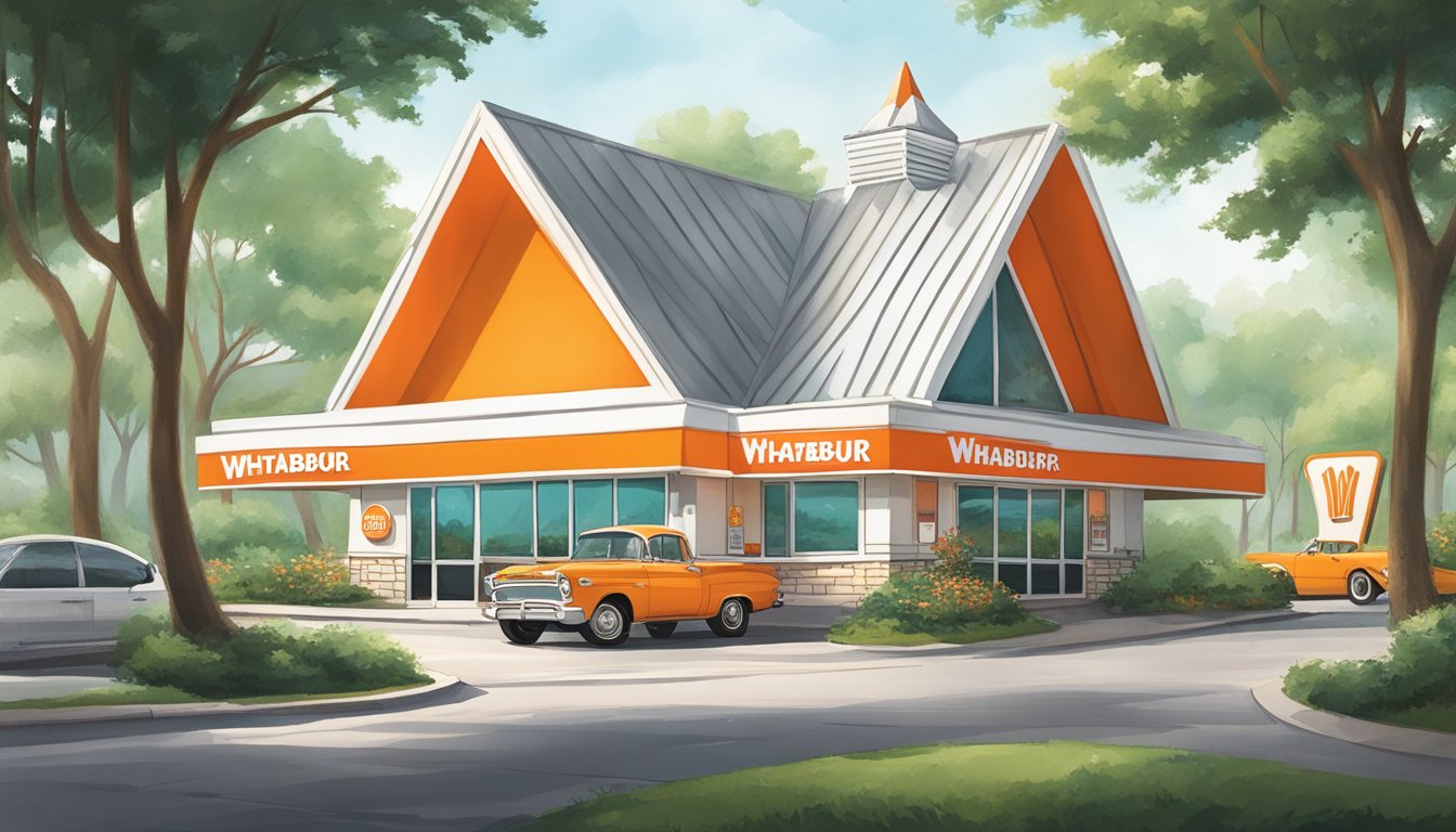 The iconic orange and white striped A-frame building of an Austin Whataburger, surrounded by lush greenery and a bustling drive-thru