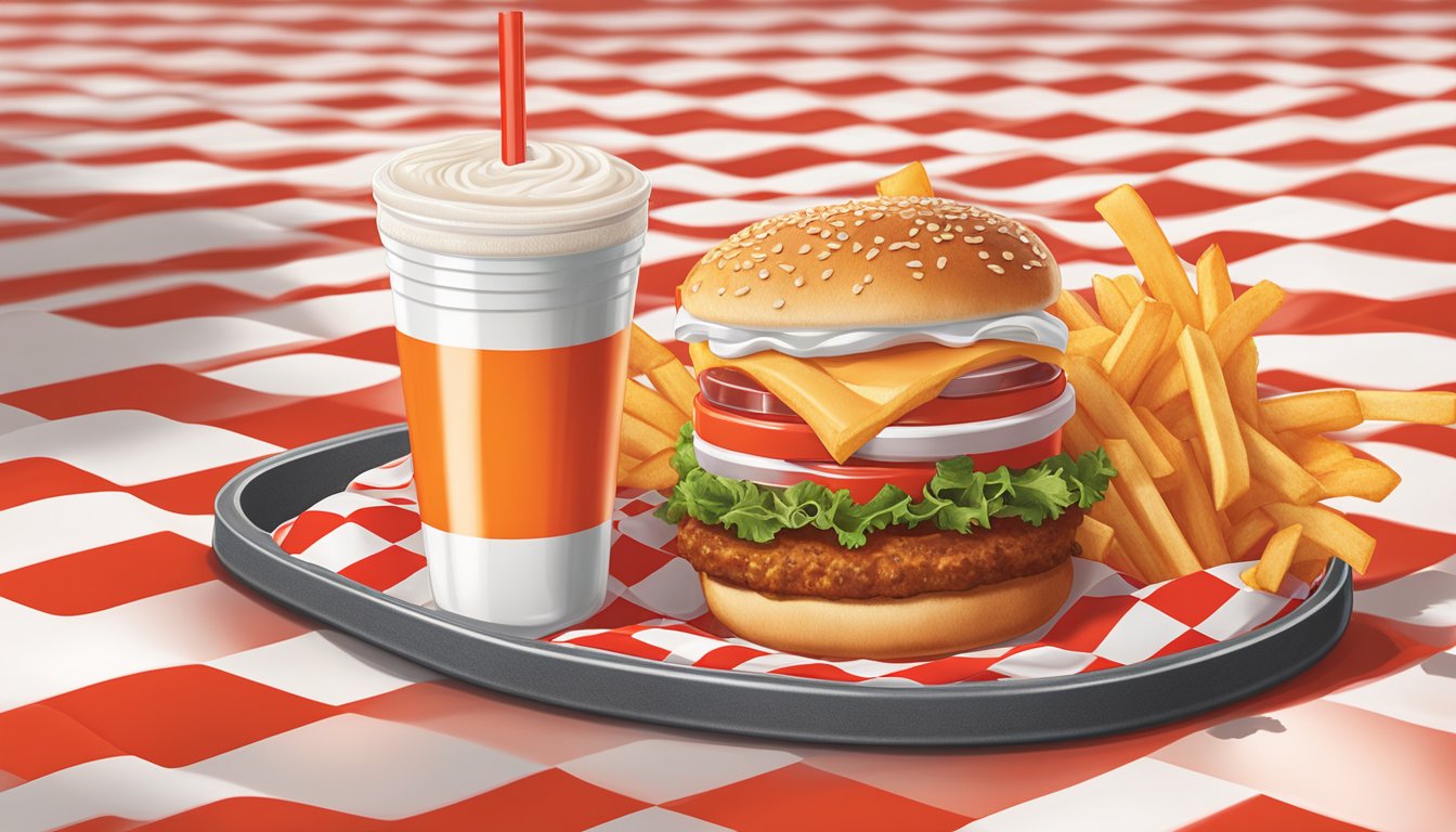 A sizzling Whataburger 13 with a side of crispy fries and a frothy milkshake on a red and white checkered tray