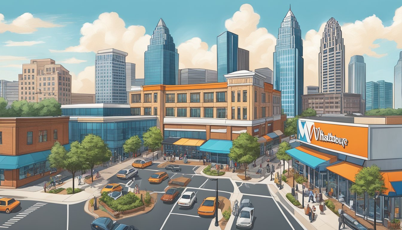 The bustling city of Charlotte with a prominent Whataburger restaurant surrounded by thriving businesses and a growing economy