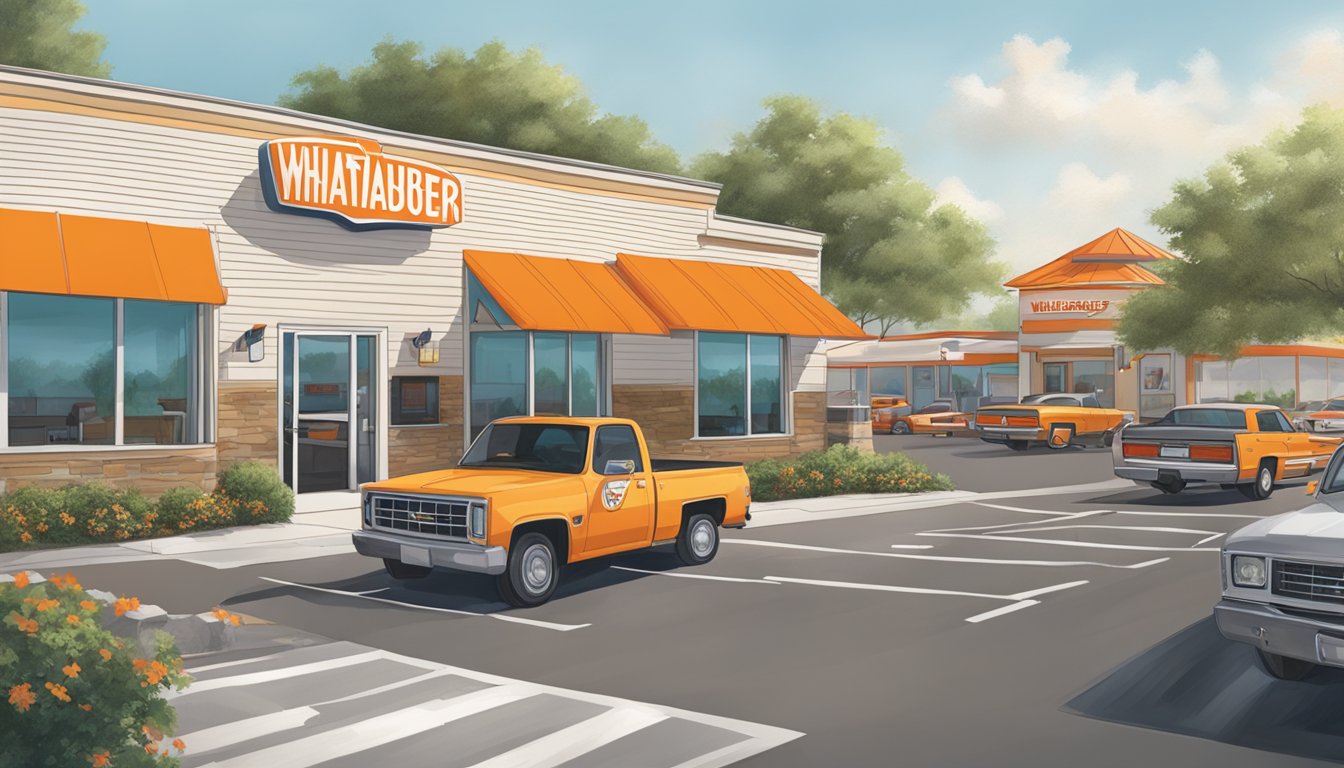 A busy Whataburger restaurant with a drive-thru, outdoor seating, and easy access from the street