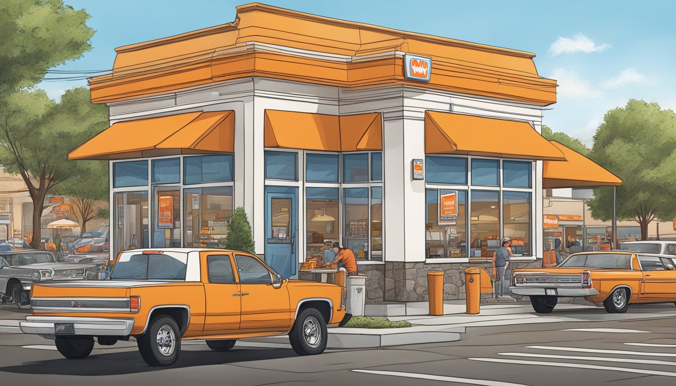 A bustling Whataburger restaurant in Charlotte, with a drive-thru and outdoor seating, surrounded by a busy city street