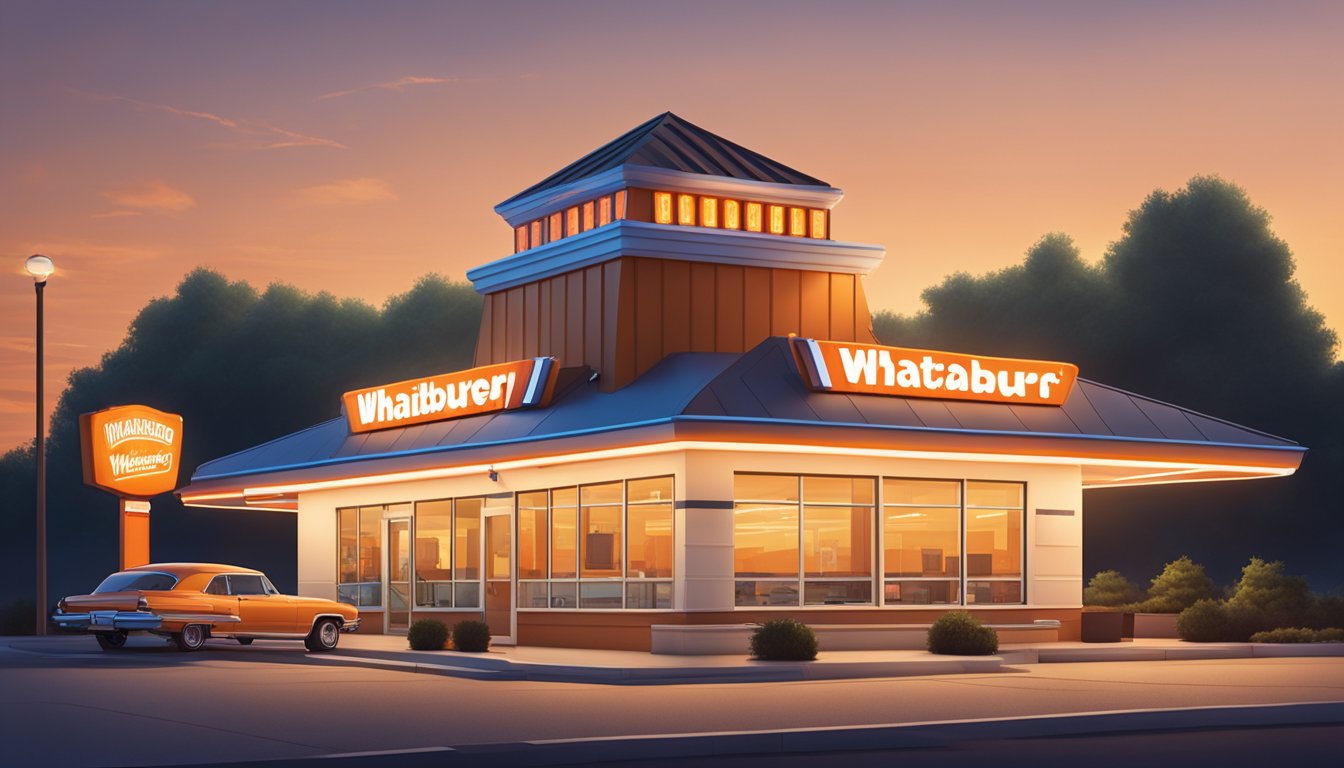 A classic Whataburger restaurant exterior at dusk with a glowing sign, drive-thru, and outdoor seating area