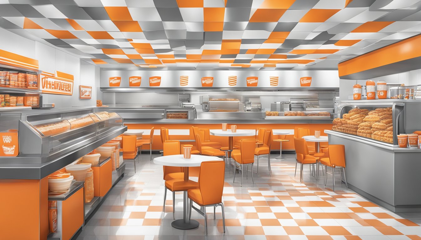 A bustling Whataburger restaurant with iconic orange and white branding, featuring merchandise such as t-shirts, hats, and cups on display