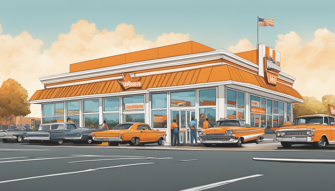 A bustling Whataburger restaurant in Charlotte, with a drive-thru line of cars and customers dining inside, surrounded by the city's skyline