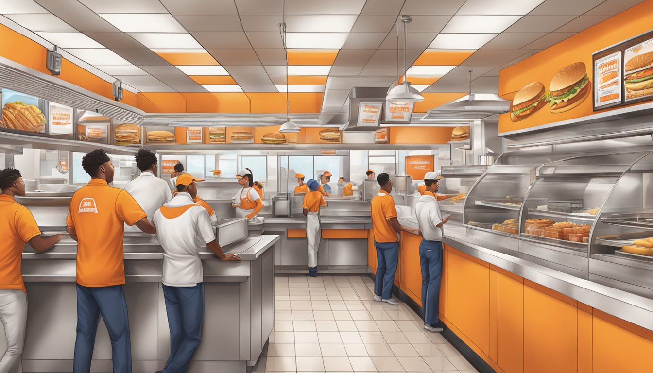 A bustling Whataburger restaurant with employees wearing uniforms and following health and safety standards