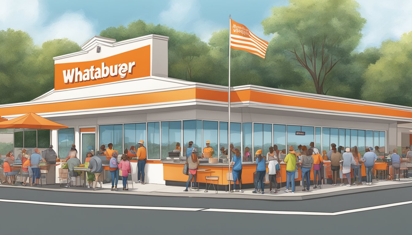 A bustling Whataburger restaurant with a line of customers out the door, a community event in the parking lot, and volunteers serving food to a diverse group of people