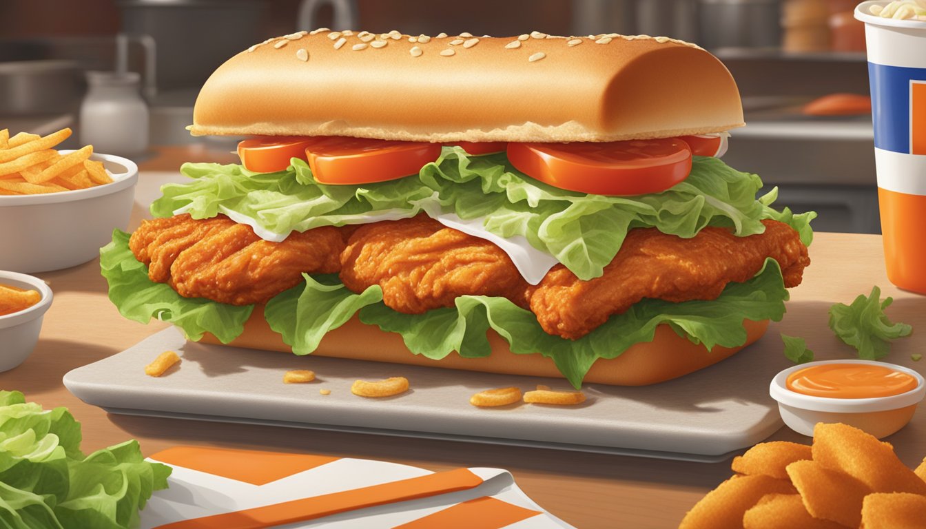 A sizzling hot chicken strip sandwich is being assembled with fresh lettuce, tomatoes, and a toasted bun at a bustling Whataburger kitchen