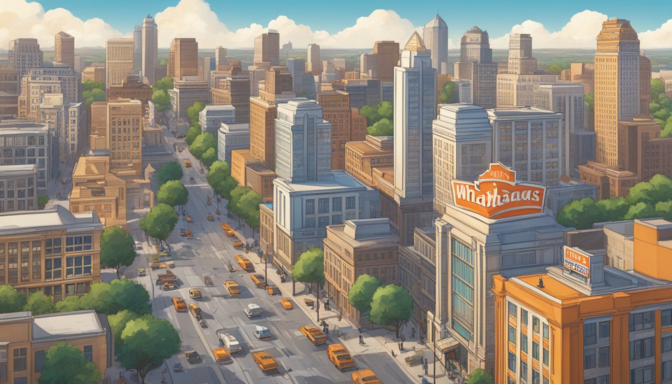 The bustling city of Kansas with a prominent Whataburger sign against a backdrop of urban skyscrapers and busy streets