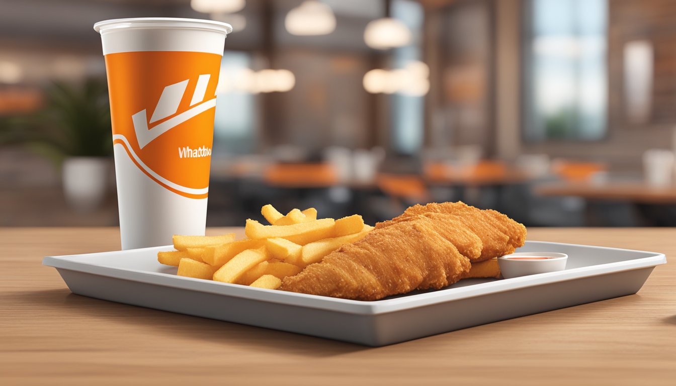 A plate with chicken strips, fries, and a drink from Whataburger, with the nutritional information displayed on the packaging