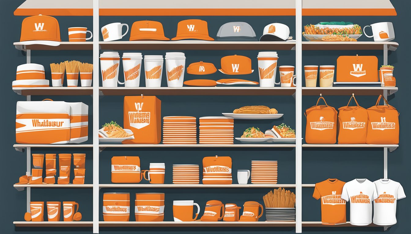 A colorful display of Whataburger merchandise, including t-shirts, hats, and mugs, arranged on shelves with the Whataburger logo prominently featured