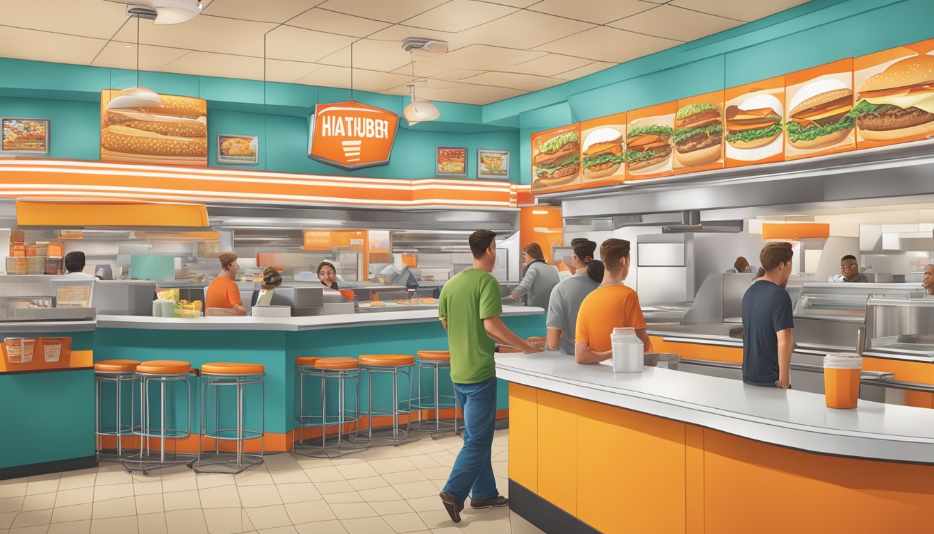 A bustling Whataburger restaurant in Kansas City, with a colorful menu board and customers enjoying their meals