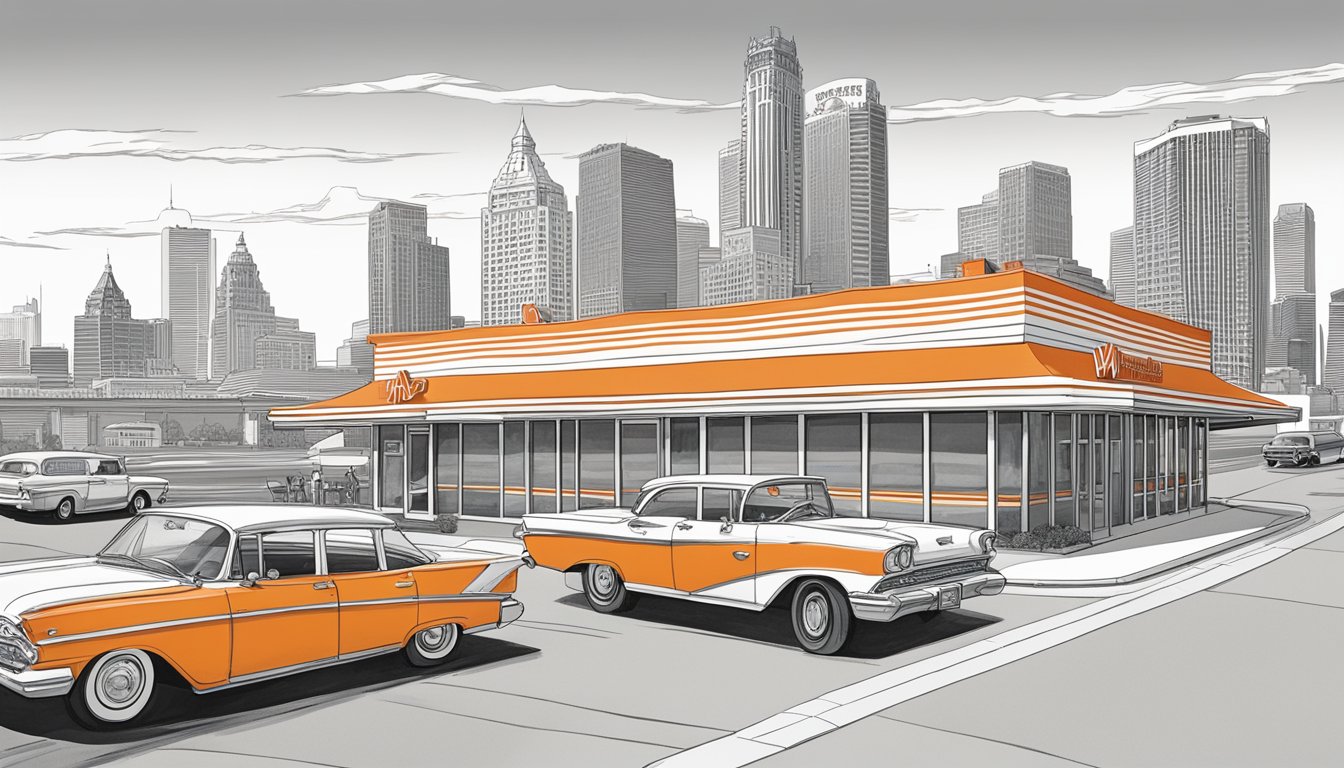 The iconic orange and white striped roof of a Whataburger restaurant stands out against the Kansas City skyline, with a line of cars wrapping around the drive-thru