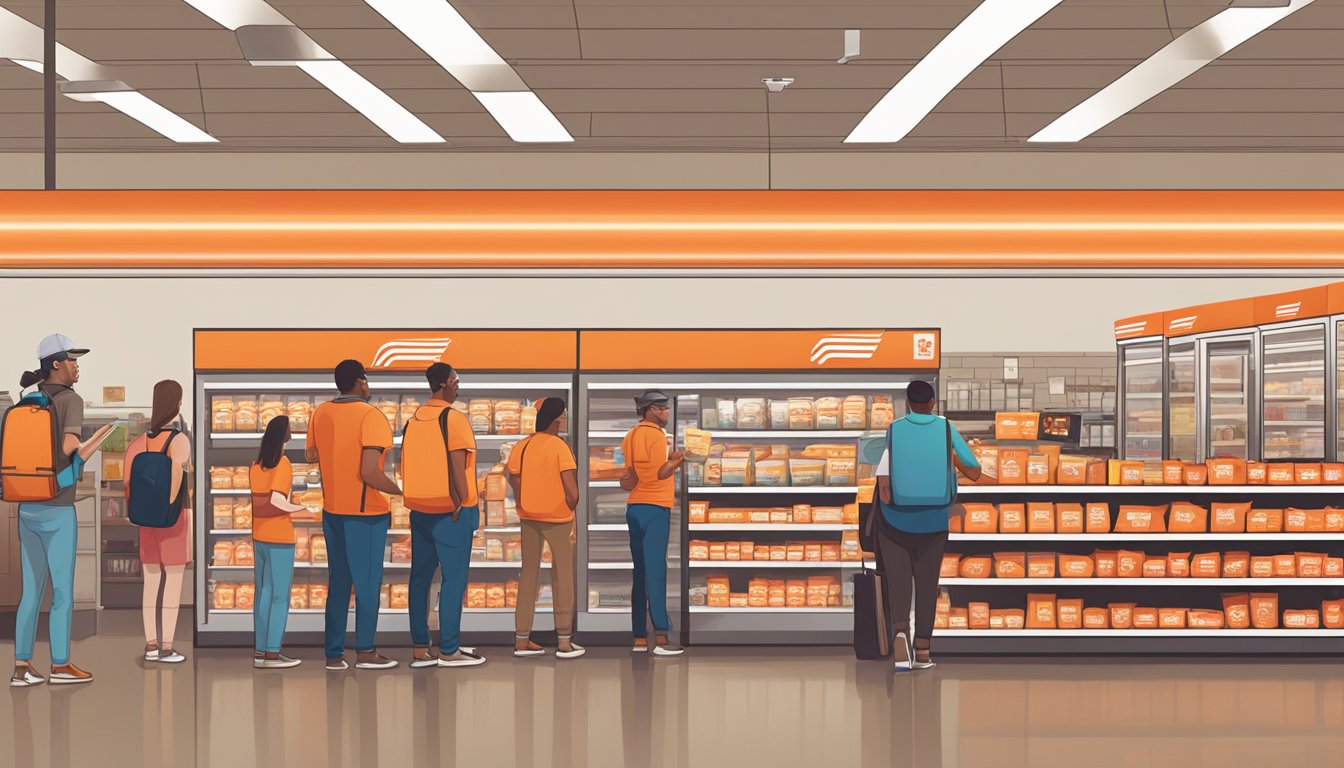 Customers wait in line at a Whataburger grocery pick-up area, with bags of online orders stacked neatly on shelves