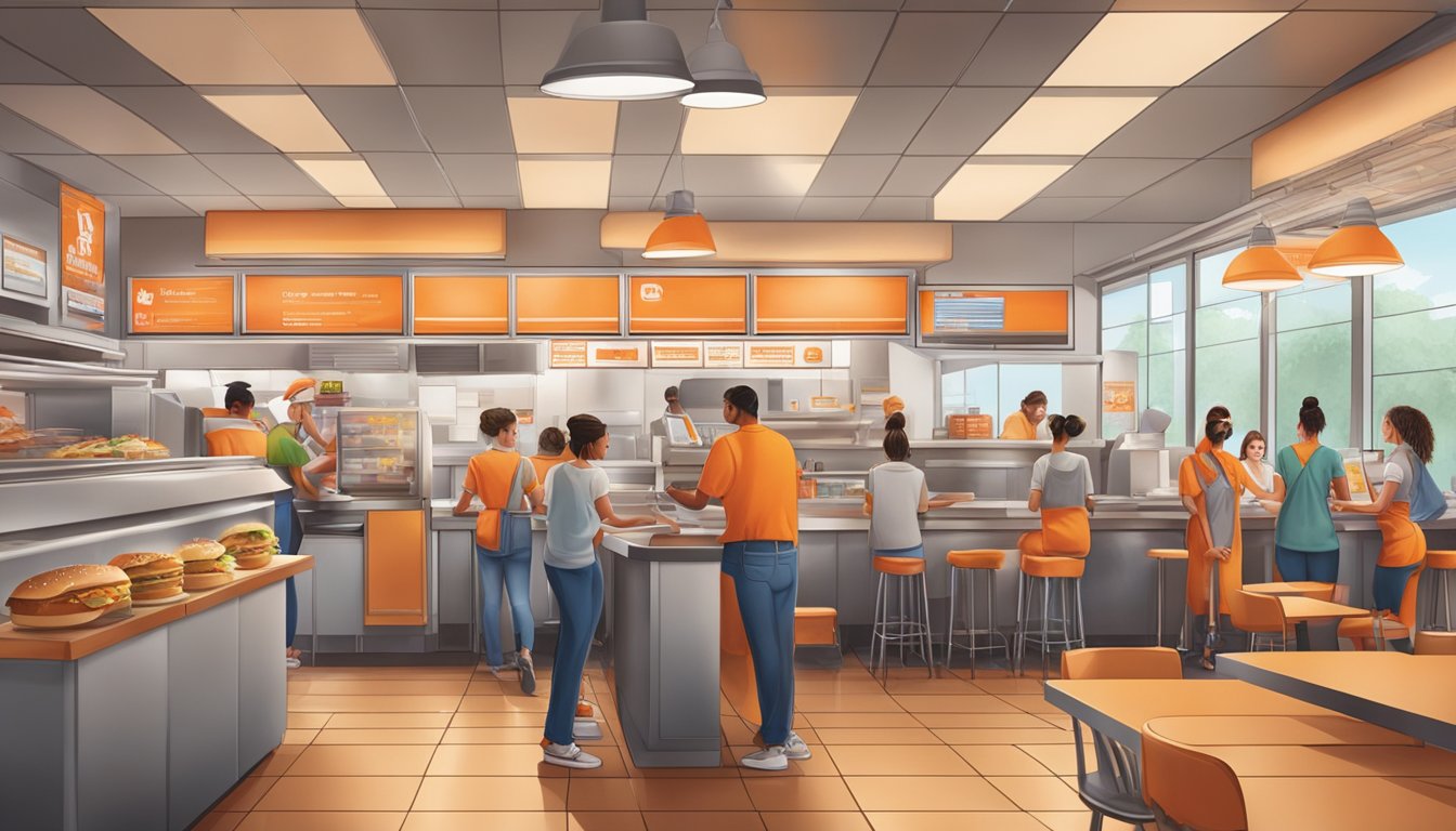 A bustling Whataburger restaurant with customers ordering online and staff preparing orders in the kitchen