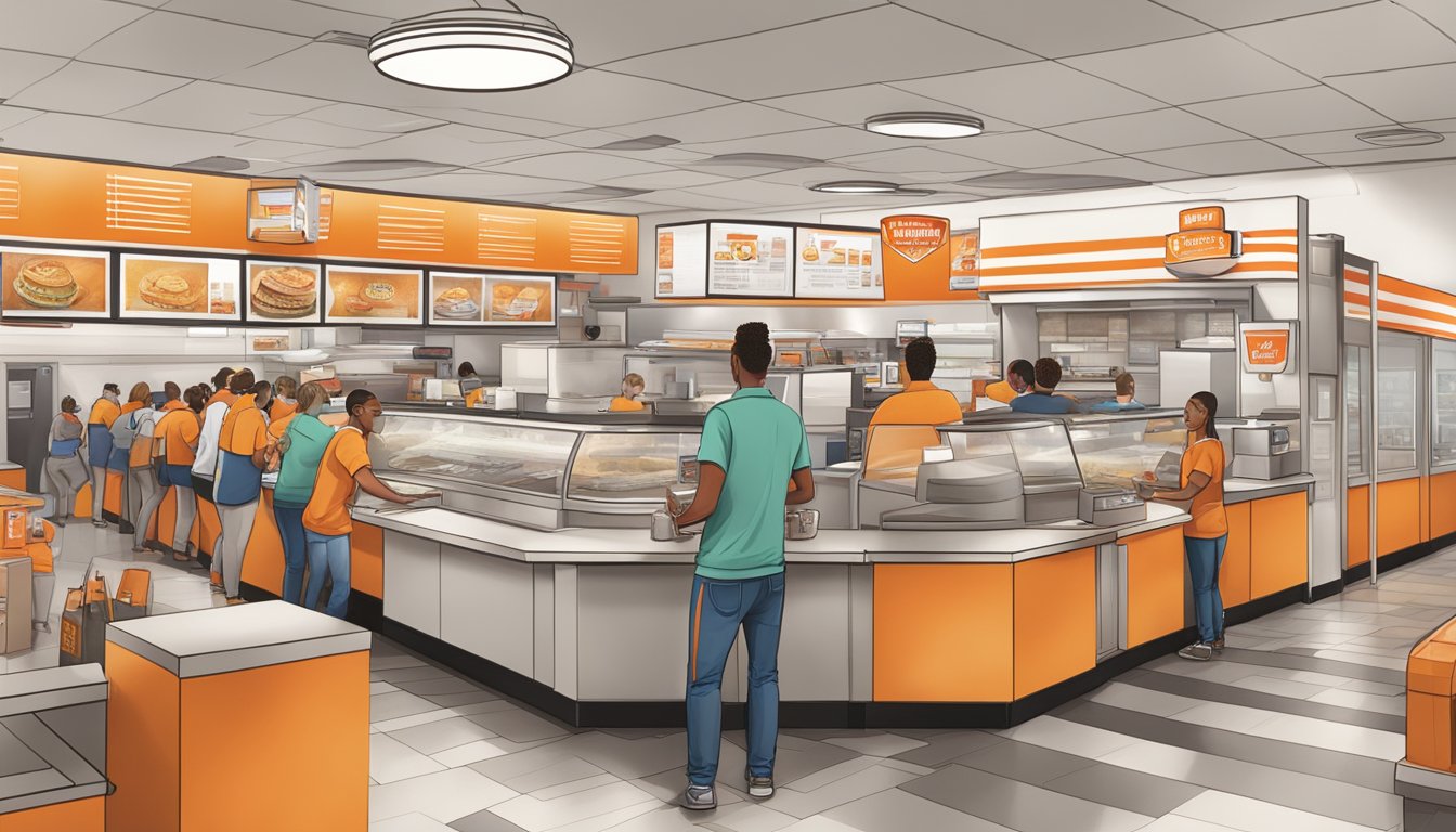 A bustling Whataburger restaurant in Kansas City, with customers using mobile ordering and receiving rewards at the counter