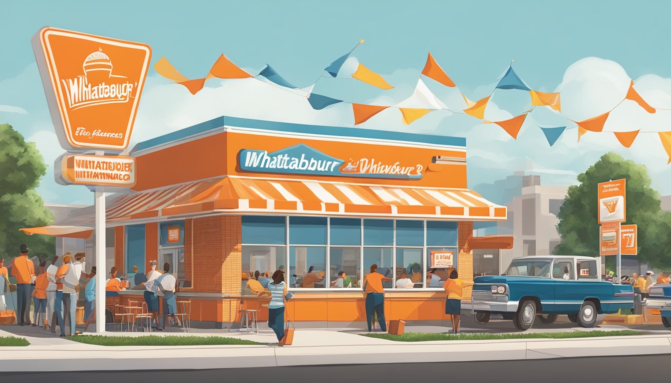 A bustling Whataburger restaurant in Kansas City, with a vibrant sign and people enjoying special offerings