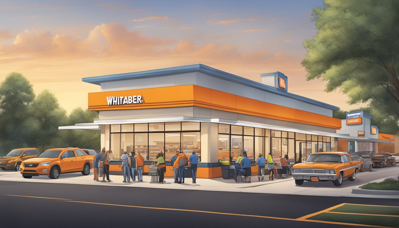 The Whataburger in Kansas City is bustling with customers during its operational hours, with cars lined up at the drive-thru and people dining inside