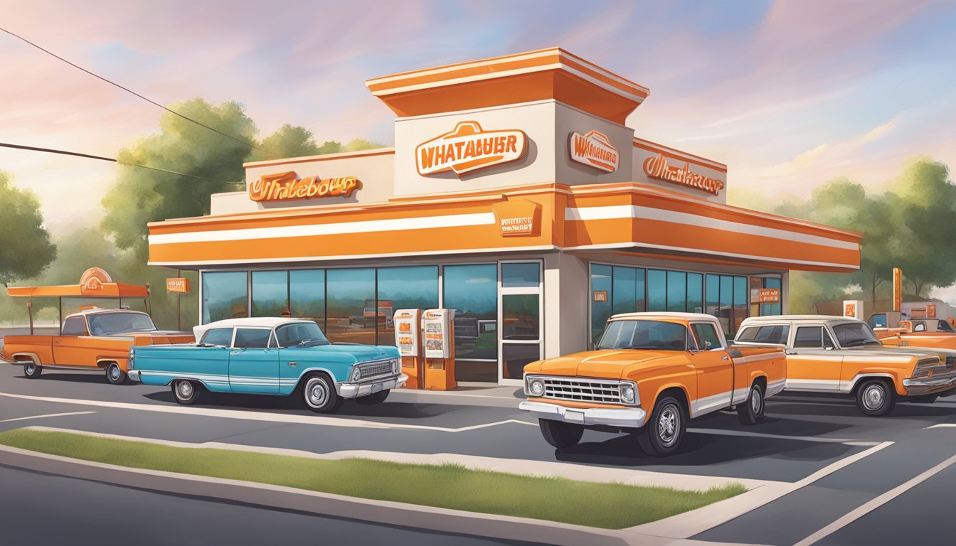 A bustling Whataburger restaurant with a drive-thru, colorful signage, and a line of cars waiting to order