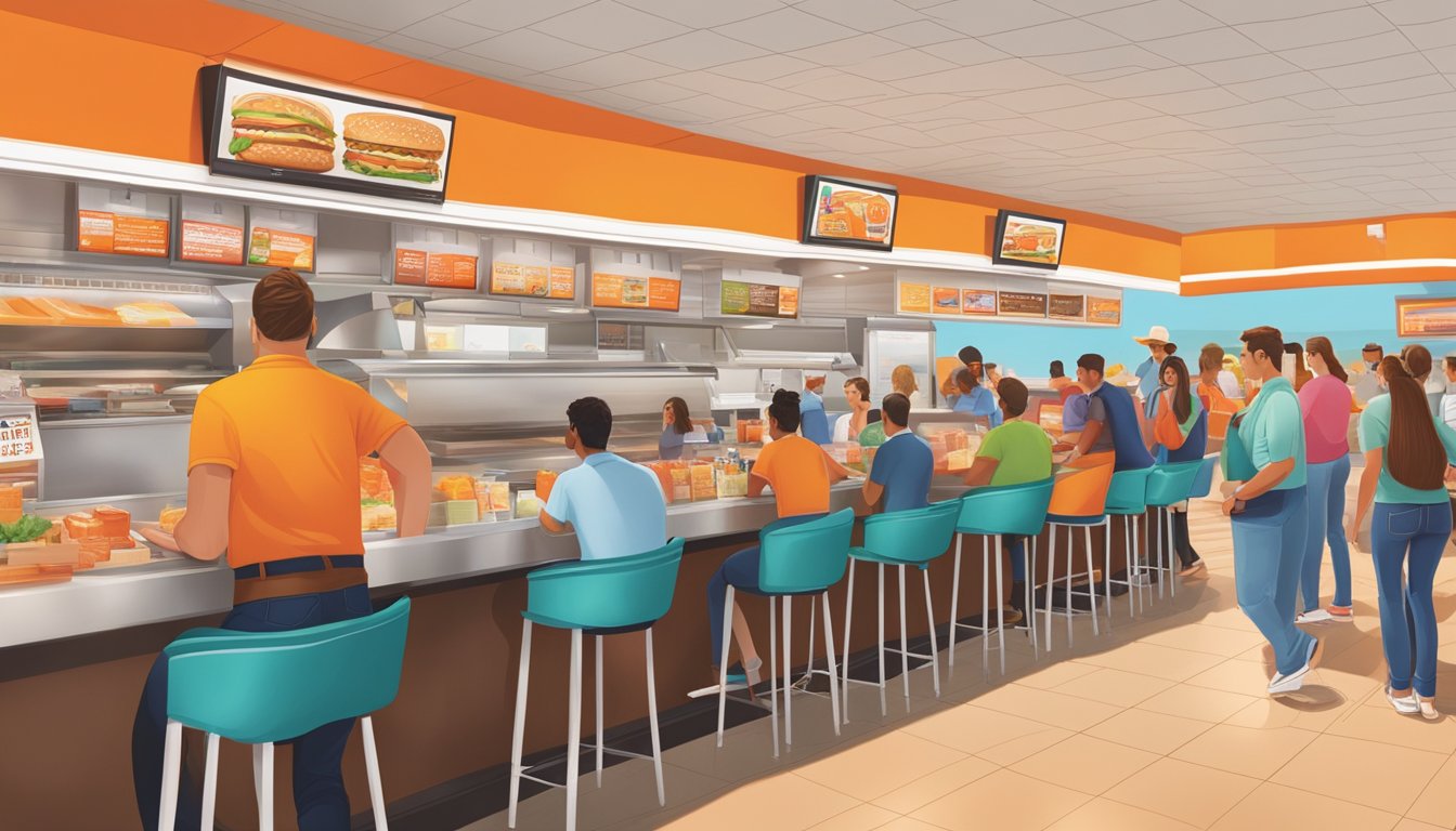 A bustling Whataburger restaurant in Dallas, with a colorful menu board and customers ordering at the counter