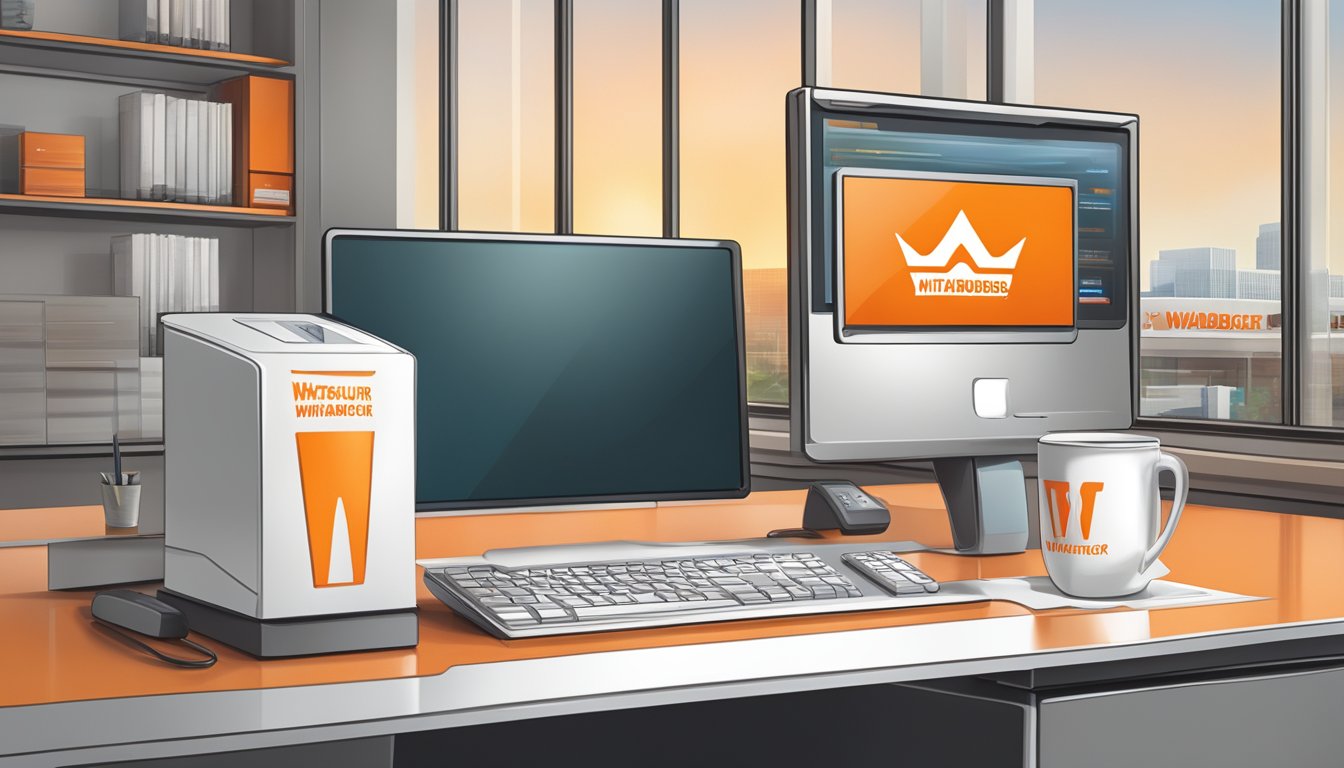 A sleek corporate office desk with a phone and a Whataburger logo prominently displayed