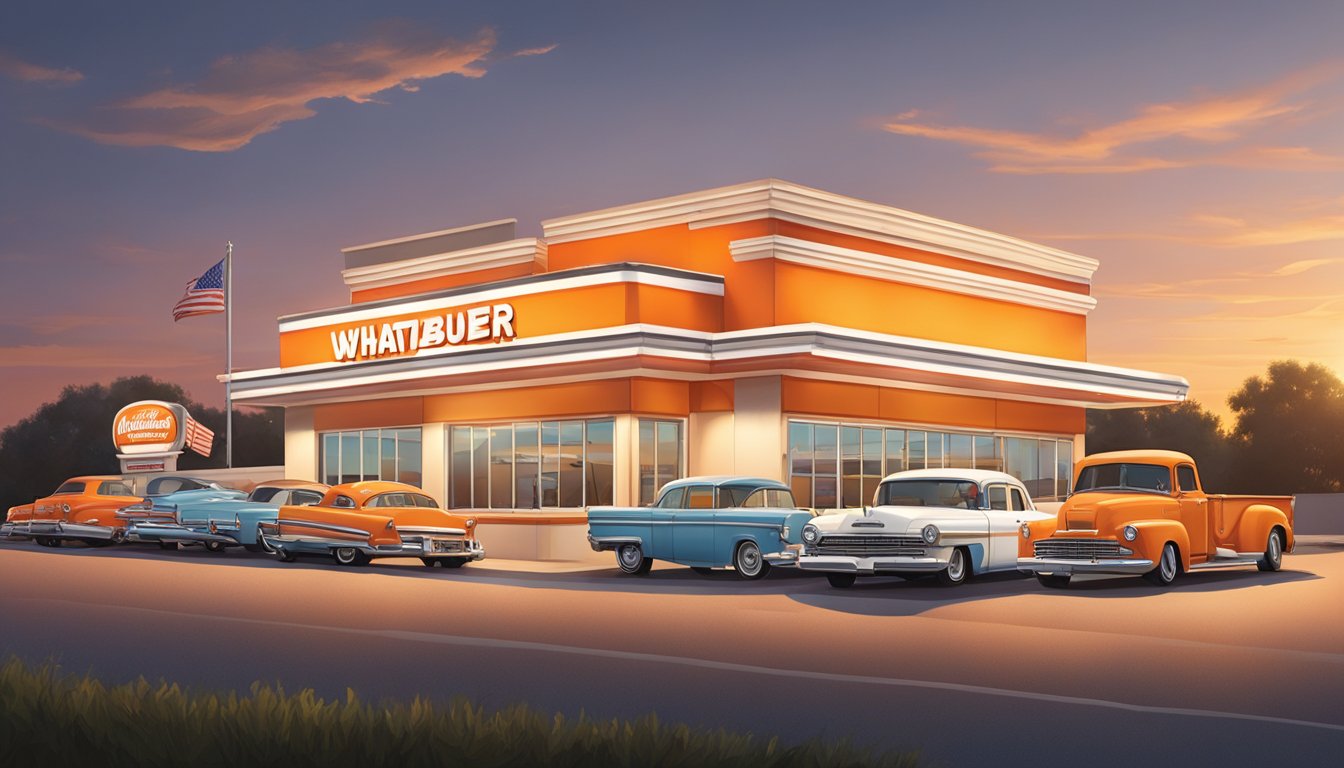 A classic Whataburger restaurant at sunset, with the iconic orange and white striped building and a drive-thru line of cars