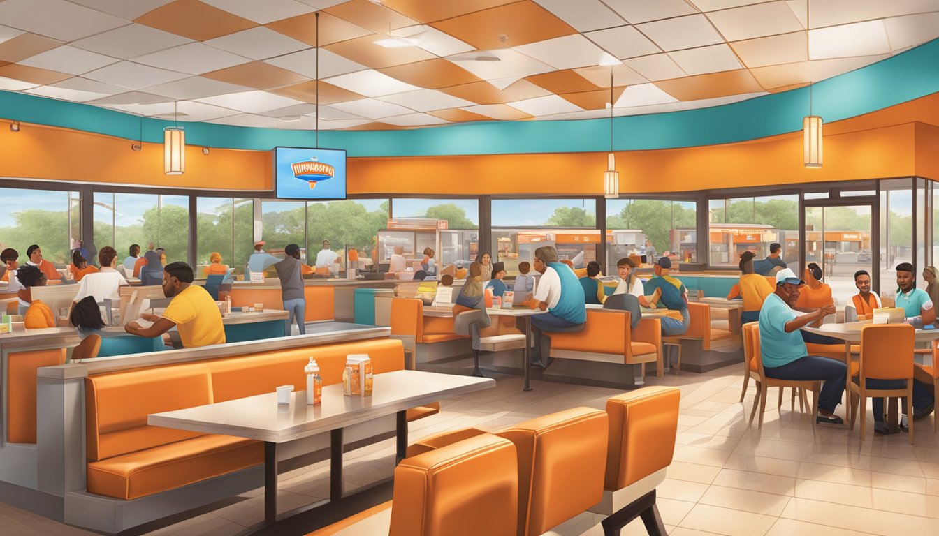 A bustling Whataburger in Dallas, with a colorful dining area, friendly staff, and satisfied customers enjoying their meals