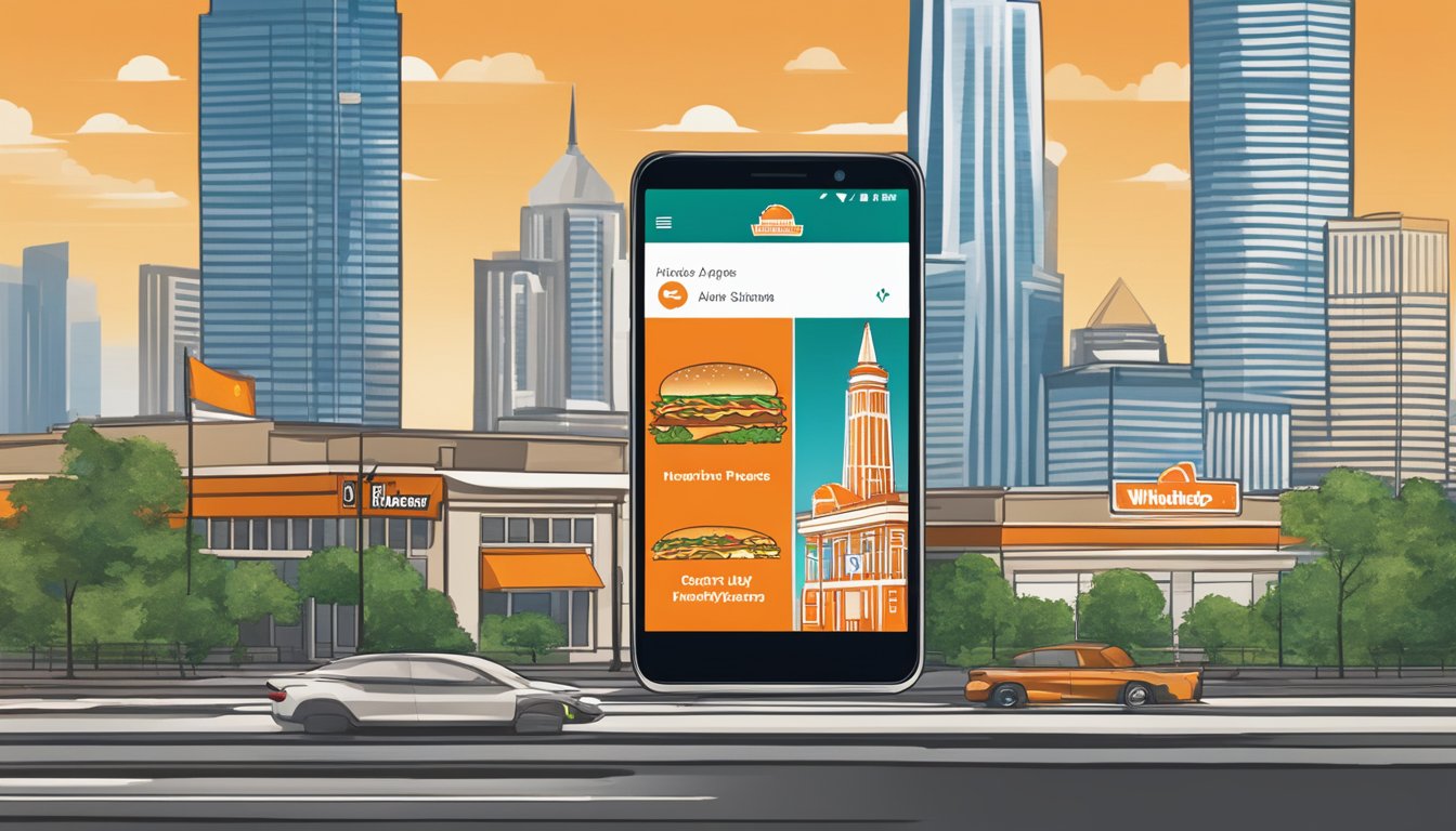 The Whataburger app displayed on a smartphone screen with a Dallas skyline in the background