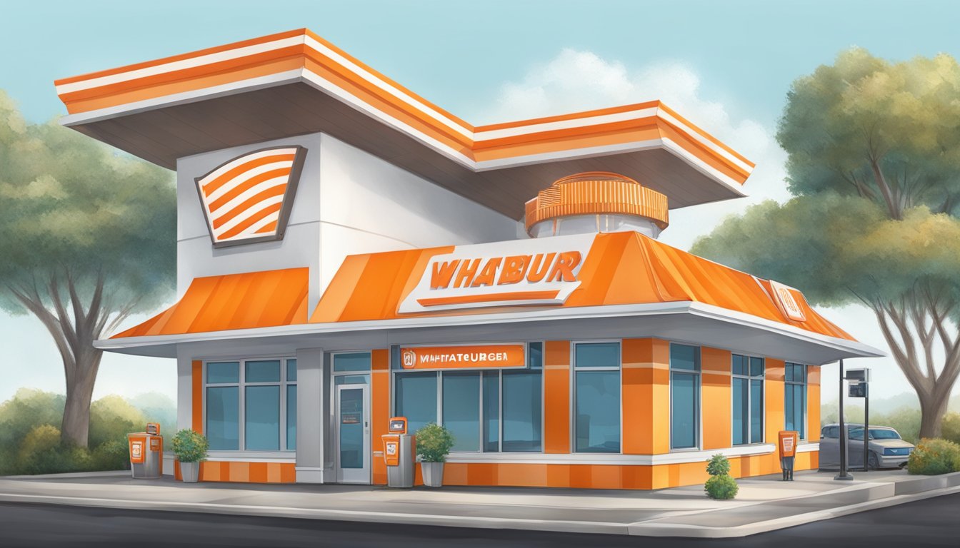 A Whataburger restaurant with the iconic orange and white striped roof, a drive-thru, and the phone number displayed prominently on the building