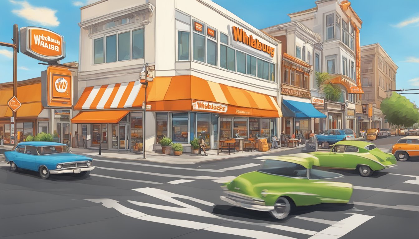 A bustling street corner with a prominent Whataburger sign, surrounded by various storefronts and a steady flow of traffic