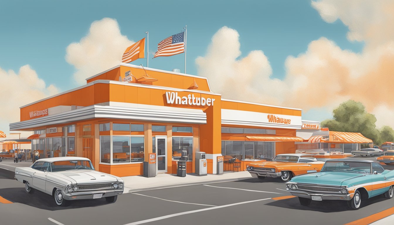 A bustling Whataburger restaurant in Dallas, with the iconic orange and white striped building and a drive-thru line of cars