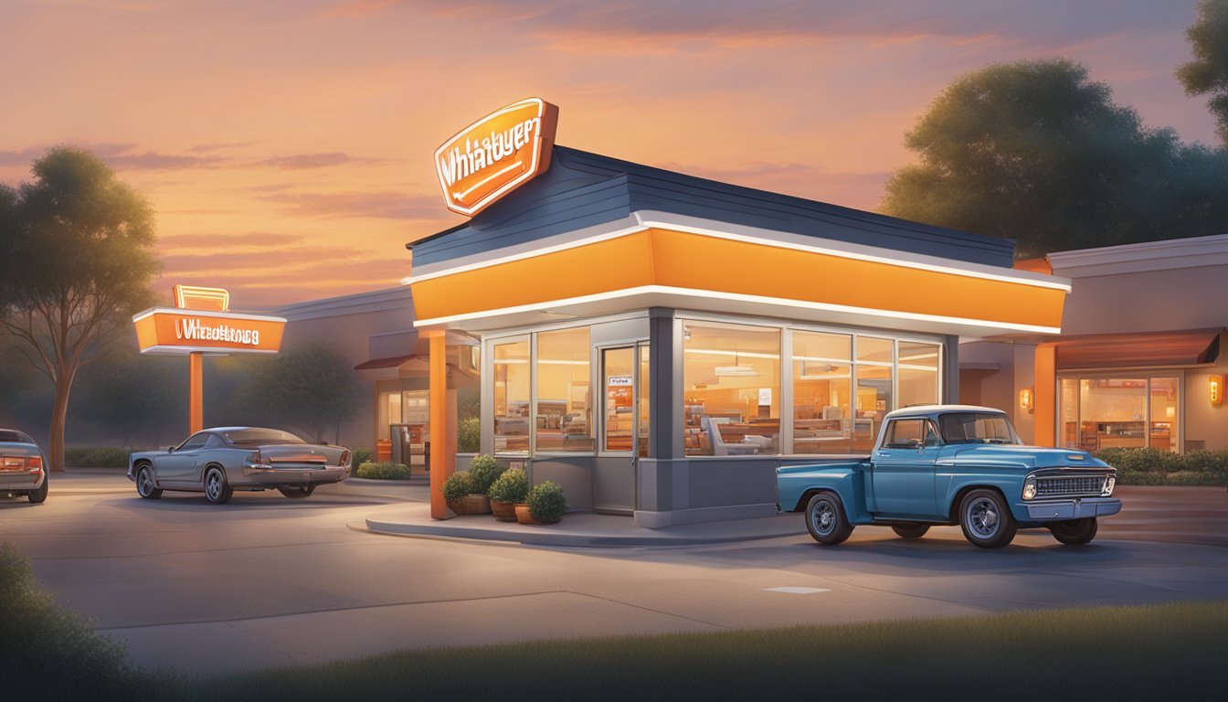 A bustling Whataburger with a drive-thru, outdoor seating, and a brightly lit sign at dusk