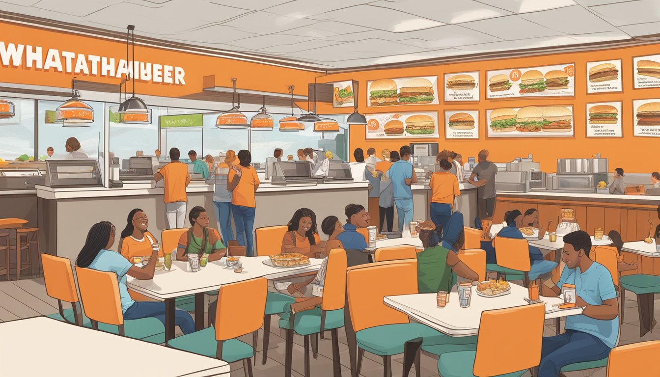 A bustling Whataburger restaurant in Dallas, with customers enjoying their meals, and a sign displaying positive reviews and feedback