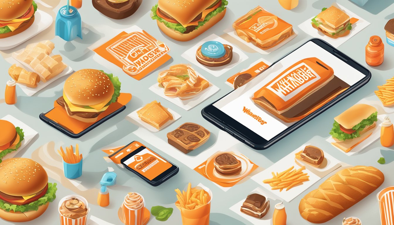 A phone with the Whataburger logo on the screen, surrounded by images of food and a rewards program symbol