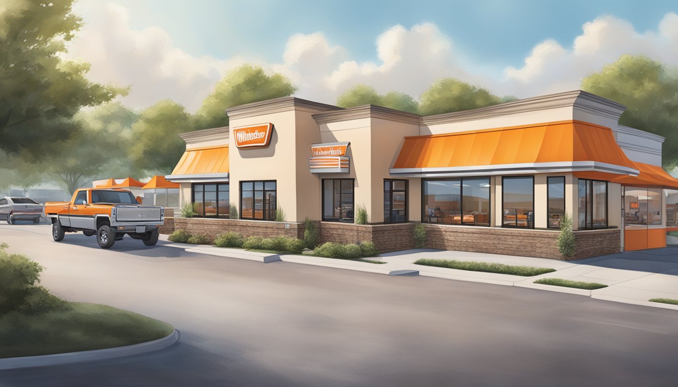 A bustling Whataburger restaurant with a drive-thru and outdoor seating, surrounded by a parking lot and neighboring businesses